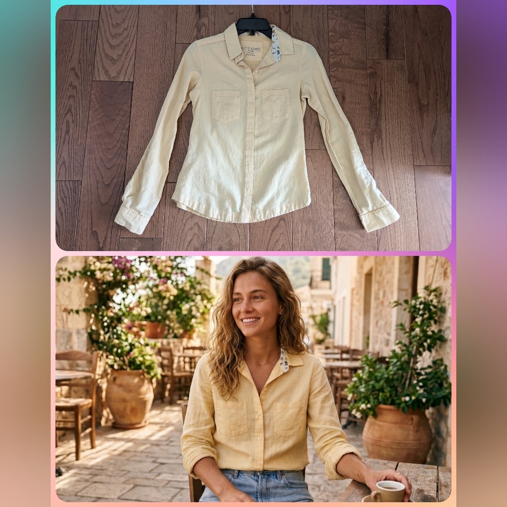 100% Linen Butter Yellow Button-Up Long-Sleeve Blouse XS